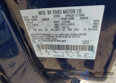 2007 Ford F-150 Xlt из США, поврежденный, VIN 1FTRW14W57FB81467